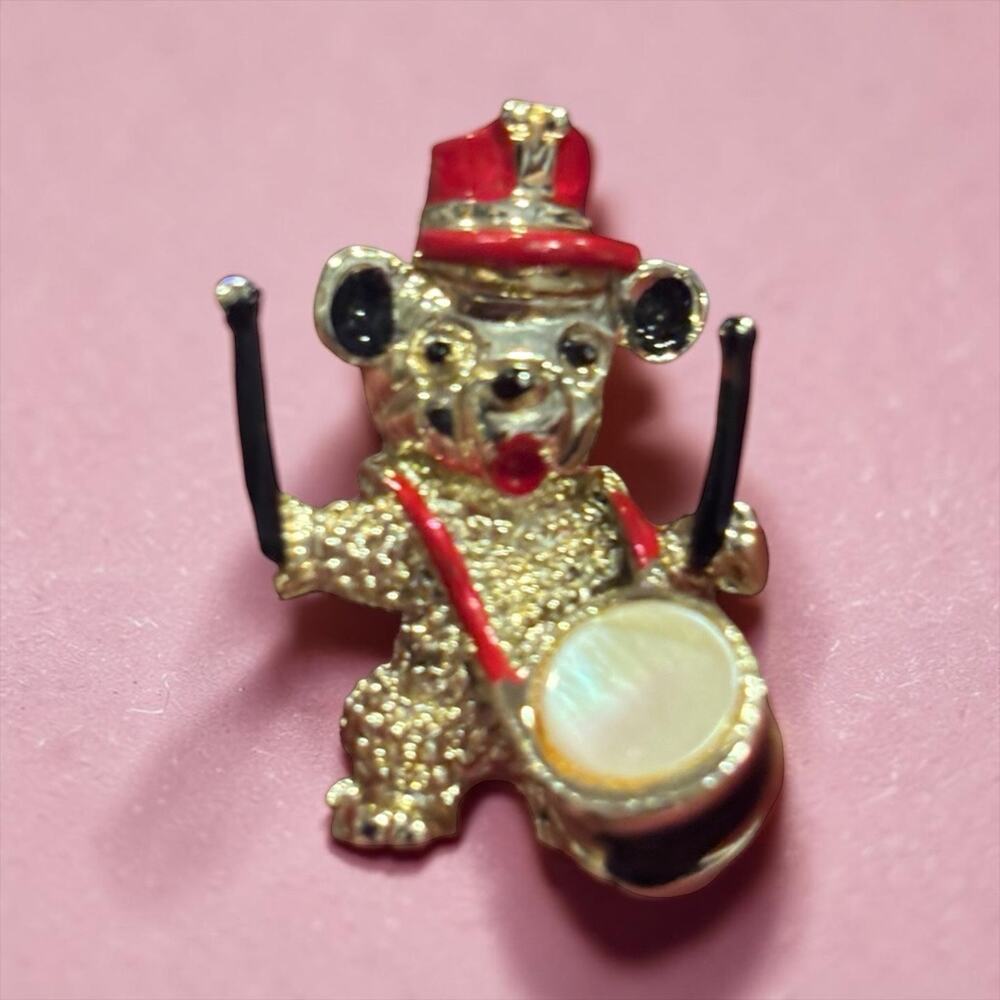 Vintage Drummer Bear Brooch Red Hat Gold Tone Mother of Pearl Drum Novelty Pin